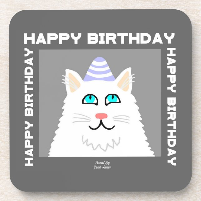 Fluffy White Chat Anniversaire Dessous de verre en (Devant)