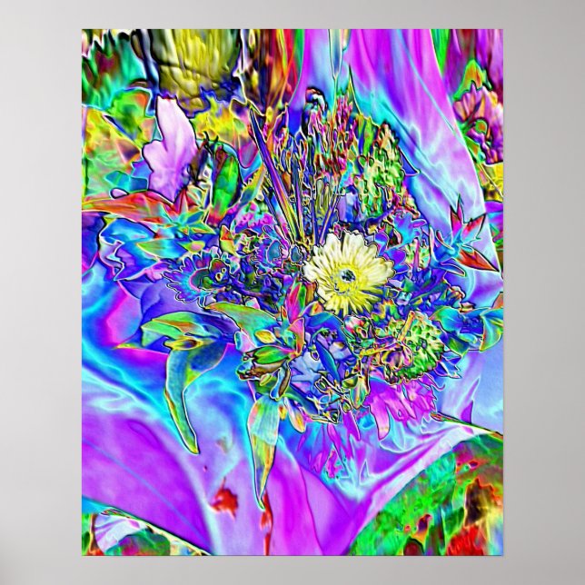 Fluorescent Blue, Lavender & Yellow Floral Poster (Devant)