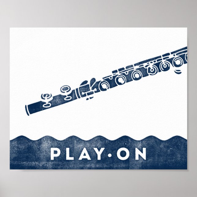 Flute Music Poster Blue White Play On Art Print (Devant)