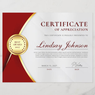 Flyer de certificat d'appréciation rouge et or