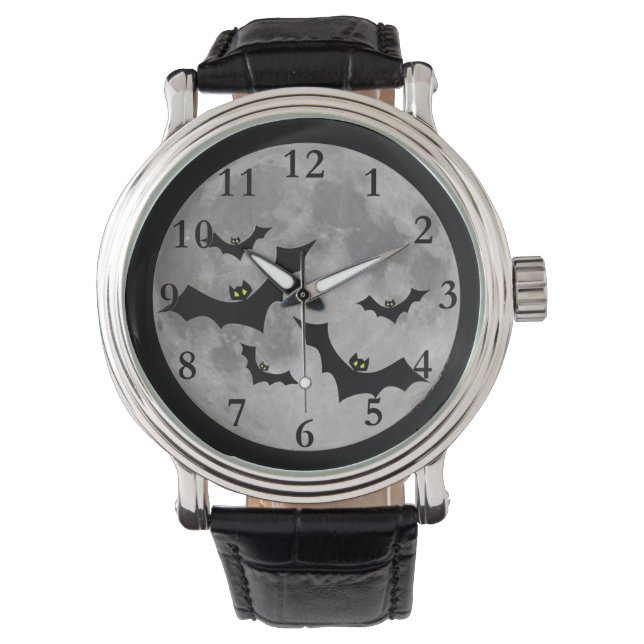 Flying Bats Montre bracelet en cuir noir homme (devant)