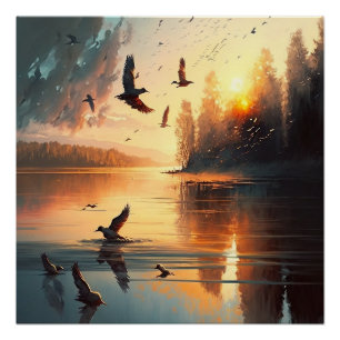 Flying Birds coucher de soleil lac Glossy Poster