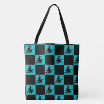 Flying Witch Black & Teal Checkered Tote Bag