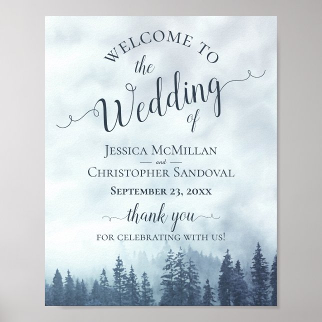Foggy Blue Pine Forest Rustic Mariage Affiche de b (Devant)