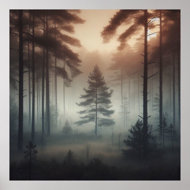 Foggy Forest Poster Art Print, Peaceful Nature (Devant)