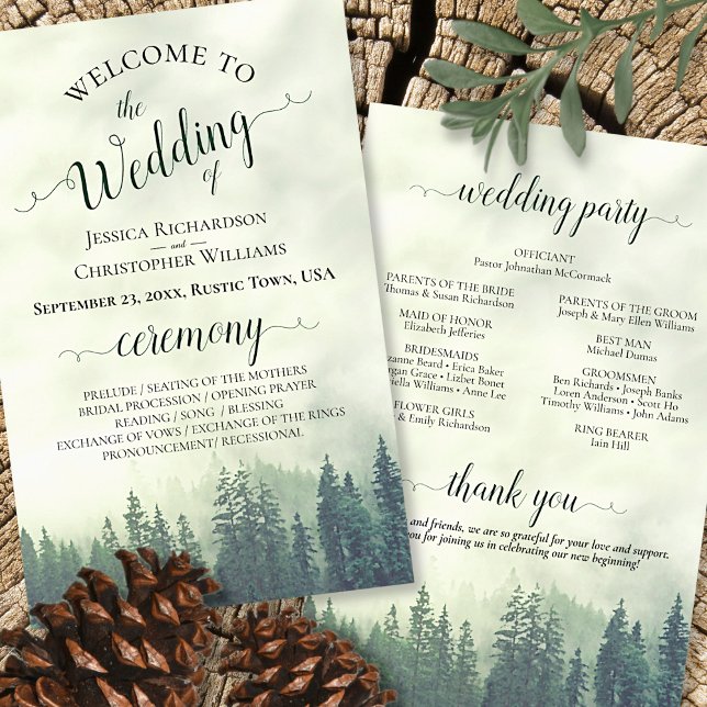 Foggy Green Pines Programme de mariage budgétaire (Front and Back)