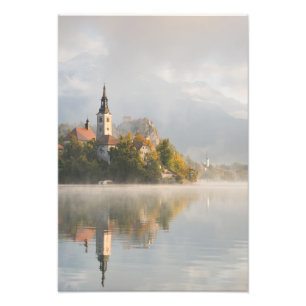 Foggy sunrise Lake Bled impression verticale