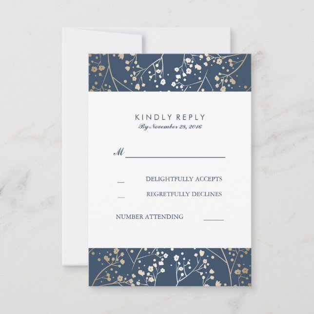 Foil Baby's Breath Navy Wedding RSVP Cartes (Devant)