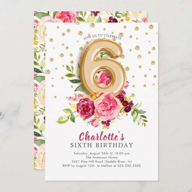 Foil Balloon Floral 6E Anniversaire Invitation (Devant / Derrière)