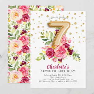 Foil Balloon Floral 7E Invitation d'anniversaire