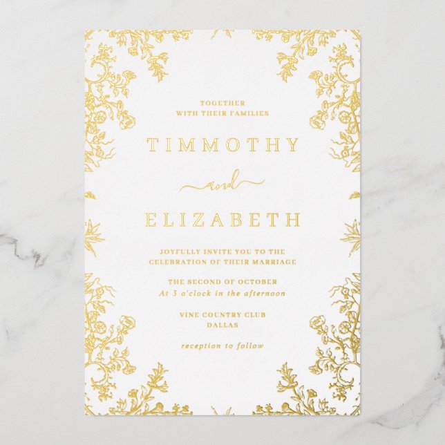 Foil Gold Floral Élégant Mariage Foil Invitation (Recto)