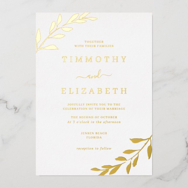 Foil Gold Leaf Élégant Mariage Foil Invitation (Recto)