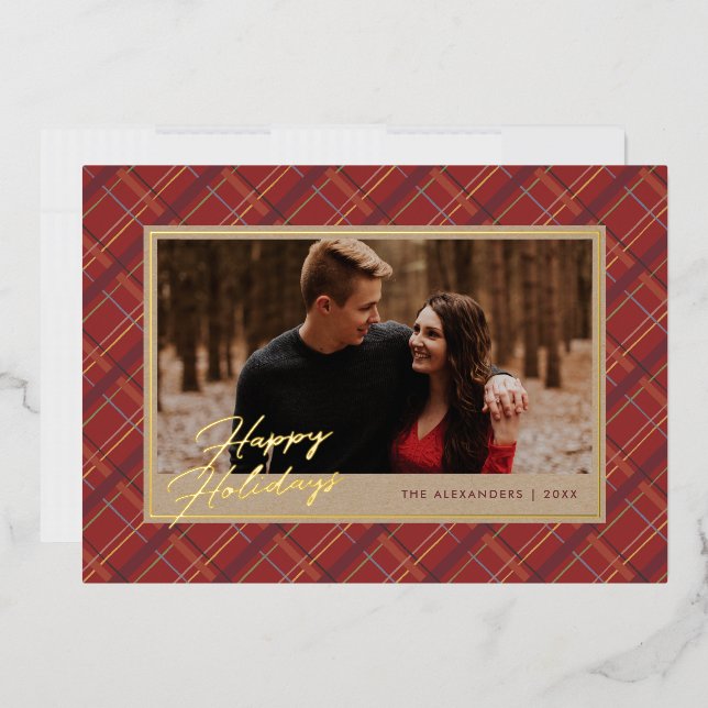 Foil Hiver Plaid Carte photo de vacances - Rouge (Enveloppe)