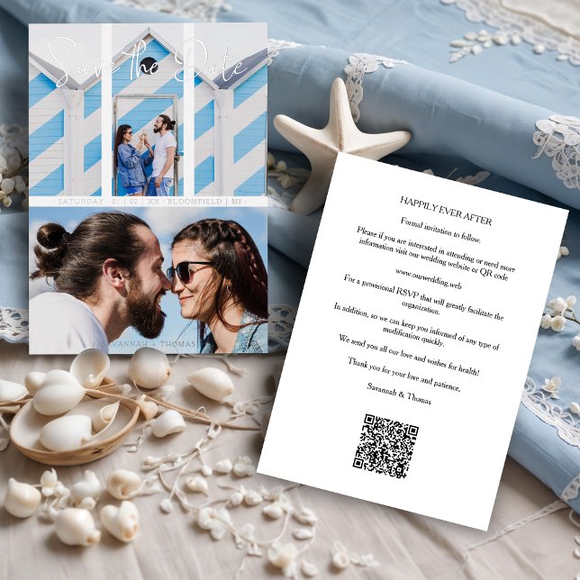 Foil Invitation (Wedding Modern Elegant Collage 2 Photos Couple Metallic Foil Save the Date Card with QR code. )