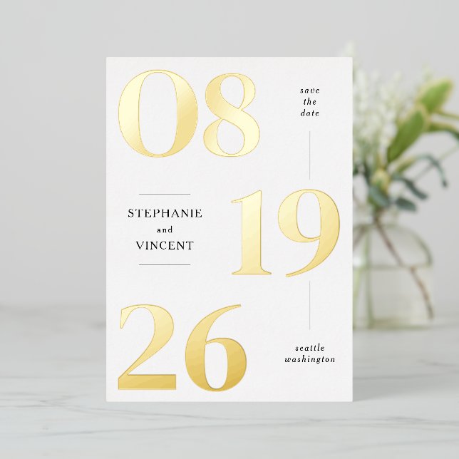 Foil Modern Mariage Date Enregistrer la date Carte (Debout devant)
