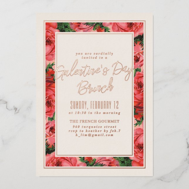 Foil Rose Frame Galentine's Day Invitation - Ivory (Recto)