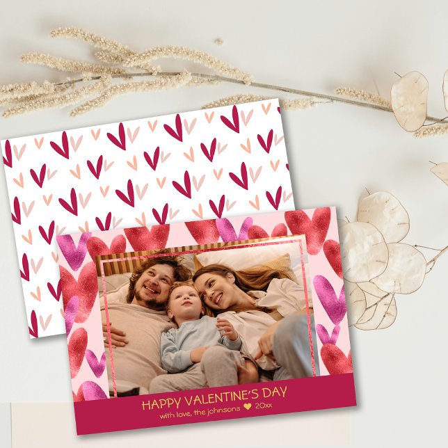Foil rose Motif de coeur rouge Valentine Carte pho (Foil Pink Red Heart Pattern Valentine Photo Card)