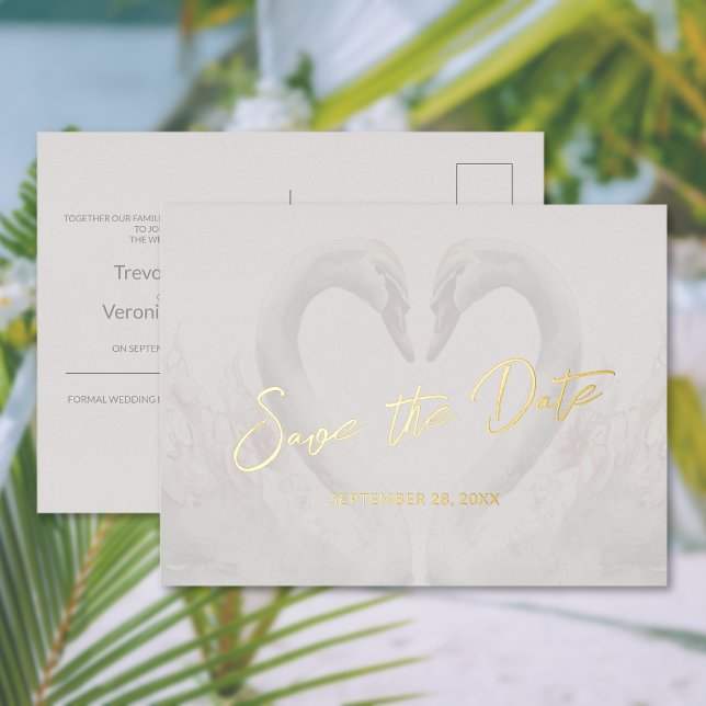 Foil Swan Wedding Enregistrer la date Carte postal (Foil Swan Wedding Save the Date Postcard (front and back))