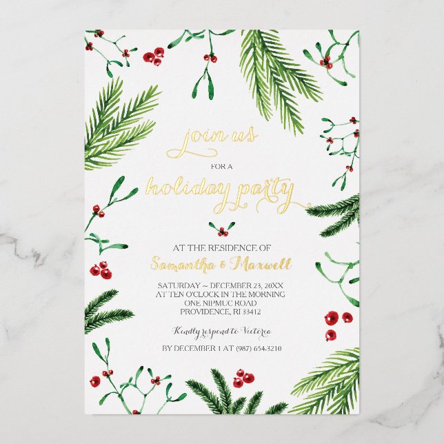 Foliage de Noël et Berries Gold Foil Invitation (Recto)