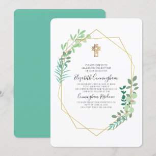 Foliage géométrique Croix d'or Invitation Baptême