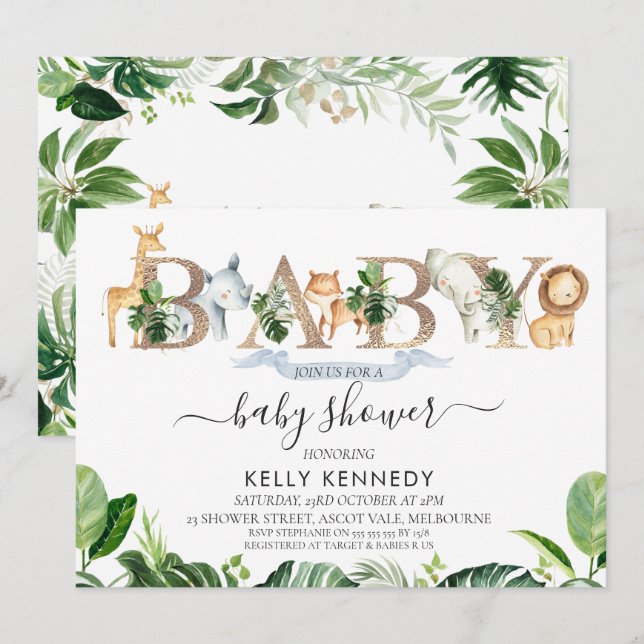 Foliage Safari Animaux Word Baby shower Invitation (Devant / Derrière)