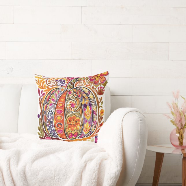 Folk Art Citrouille Jeu Oreiller Fleurs d'automne  (Canapé)