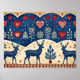 Folk-Art Reindeer Pattern Poster