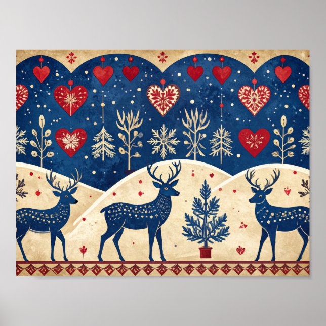 Folk-Art Reindeer Pattern Poster (Devant)