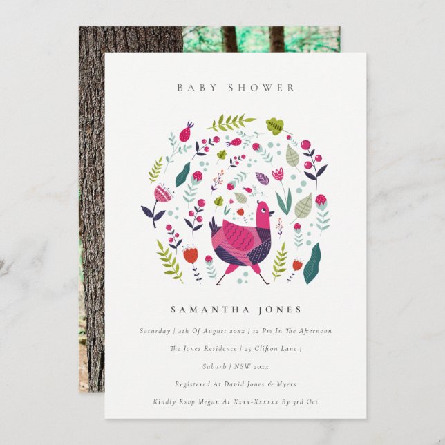 Folk Farm Floral Birdie Photo Invitation Baby Show (Devant / Derrière)