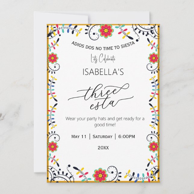 Folk Floral Mexicain Trois Esta Invitation Anniver (Devant)
