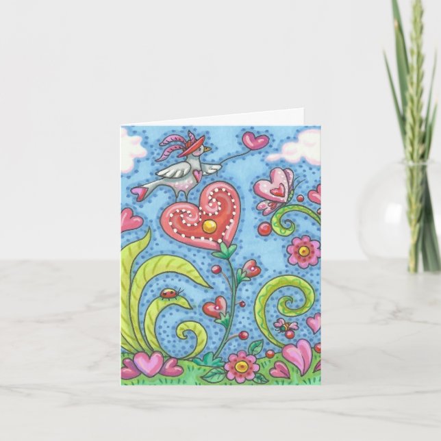 Folk Oiseau Et Coeurs Jardin VALENTINE NOTE CARTE (Devant)