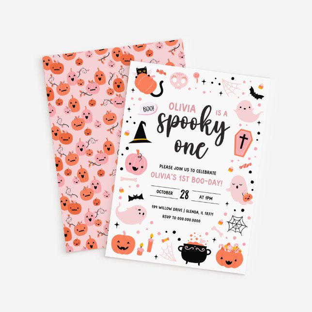 Fond blanc Invitation 1er anniversaire Halloween r (White BG Pink and Orange Halloween 1st Birthday Invitation)
