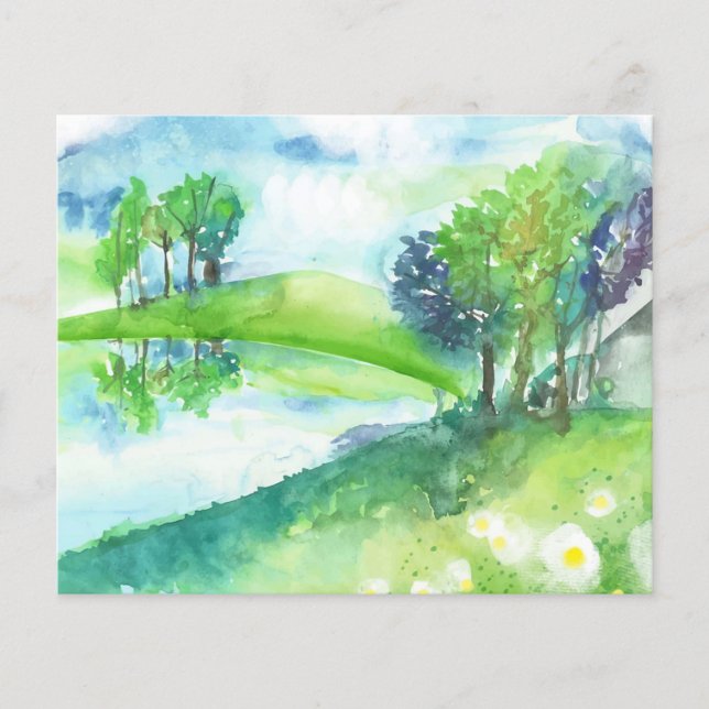Fond de scrapbook de paysage d'étang à l'aquarelle (Devant)