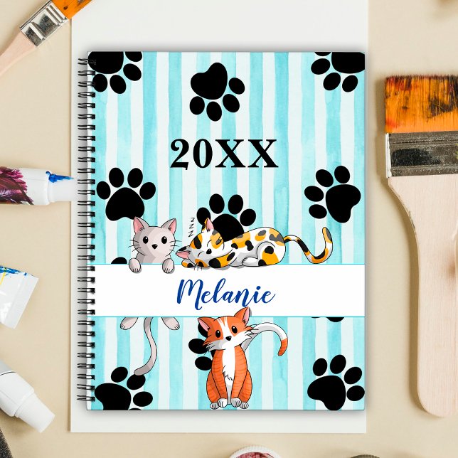 Fond rayé bleu personnalisé avec chatons et pattes (Créateur téléchargé)