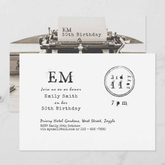 Fonds de machine à écrire Invitations d'anniversai (Devant / Derrière)