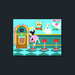 Fontaine Soda Rétro toile étirée<br><div class="desc">Servez quelque chose de spécial avec cette Fontaine de Soda Retro Stretched Canvas Print. L'art minimaliste, dessin animé, présente l'intérieur du lieu le plus frais de la ville. C'est une fontaine de soda des années 50, dans toute sa gloire kitsch ! Sur fond de mur d'aqua, on peut voir des...</div>