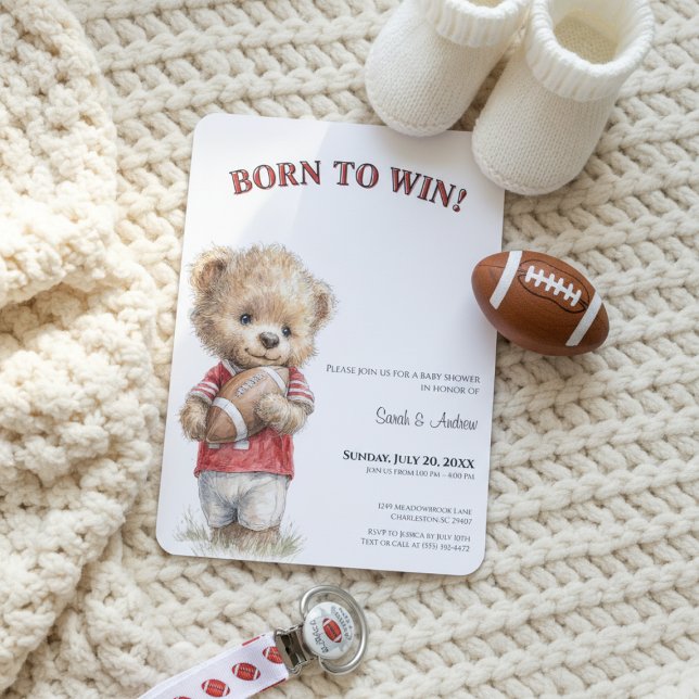 Football Baby Shower Invitation | Born to Win (Football baby shower invitation with teddy bear and modern sporty theme, neutral tones, cozy flat la)