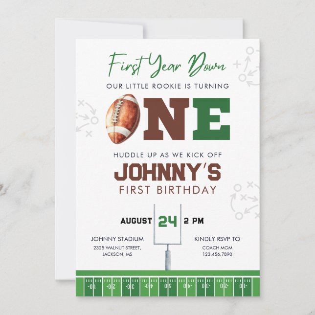 Football First Year Down 1st Birthday Invitation (Devant)