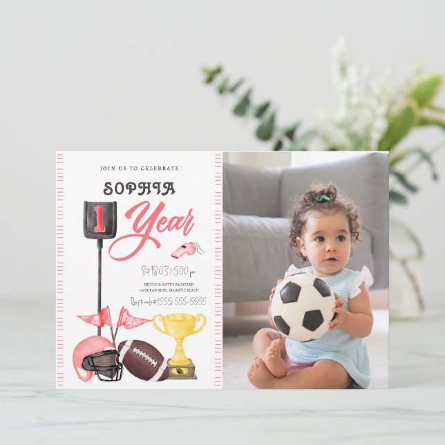 Football Girl First Birthday Invitation Card Photo (Debout devant)