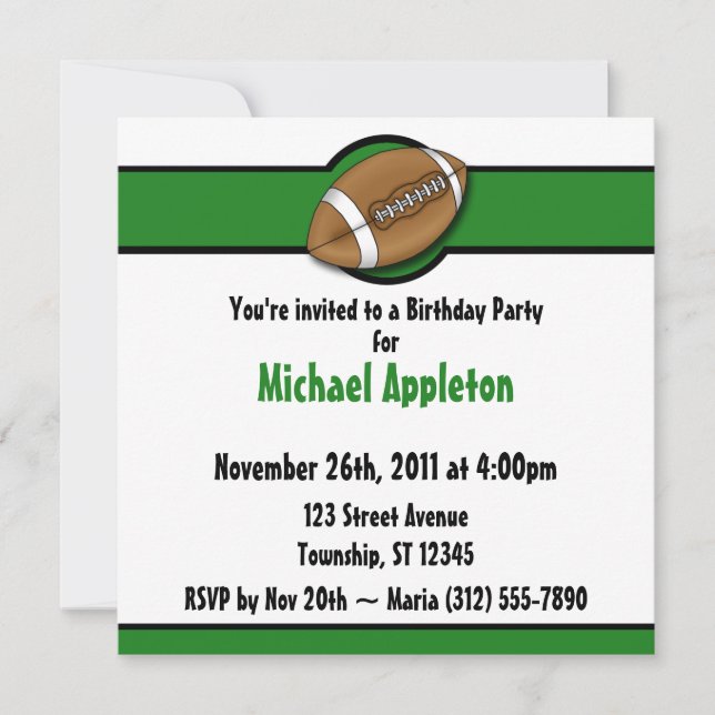 Football Green Invitations d'anniversaire (Devant)