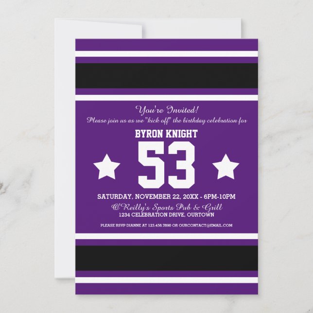 Football Jersey Purple|Black Party Invitations (Devant)