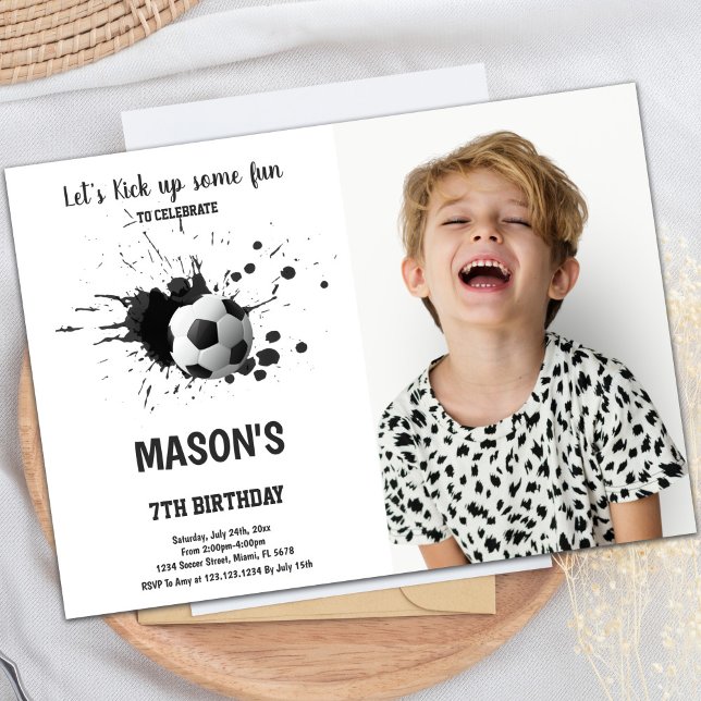 Football noir Enk Invitation à l'anniversaire avec (Black Ink Soccer Birthday Invitations with photo)