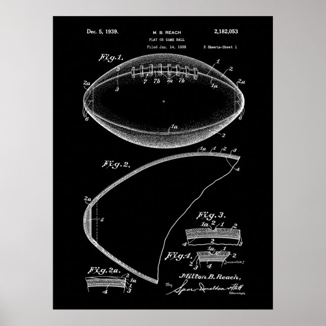 Football Pigskin 1939 Blueprint Patent Poster (Devant)