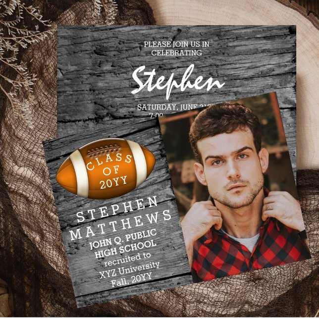 Football Rustic Photo Graduation Faire-part (Football Rustic Woodsy One Photo Graduation Announcement and Party Invitation - Print and/or Digital)