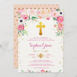 Foral et Gold Cross Christening Invitation