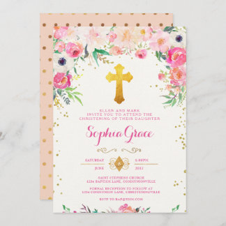 Foral et Gold Cross Christening Invitation