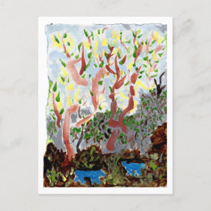 Forêt avec bêtes bleues et type carte postale