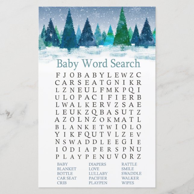 forêt d'hiver Baby shower Word Recherche Jeu (Devant)