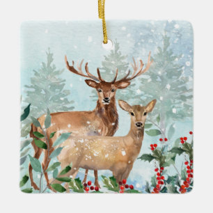 Forêt d'hiver, cerf, bûcher cabine Ornement cérami