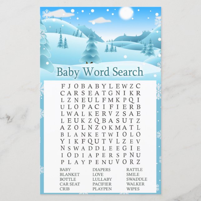 Forêt d'hiver neige Baby shower Word Recherche Jeu (Devant)